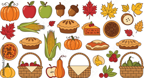 Autumn harvest elements vector set with pumpkin apples corn pies baskets and fall leaves seasonal illustration collection
