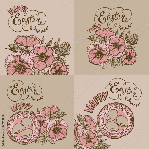 Set of Happy Easter cards on kraft paper, hand-drawn, flowers and eggs.