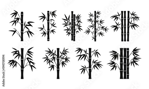 Set of black bamboo trees and leaves silhouettes on a white background.