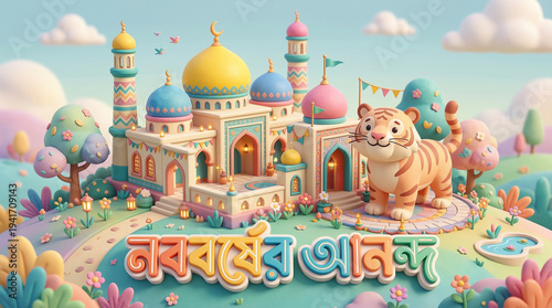 Festive mosque with a cartoon tiger: A vibrant and joyous scene unfolds, showcasing a beautifully decorated mosque accompanied by a charming cartoon tiger.