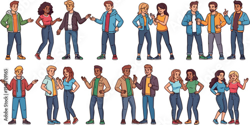 Young people talking and socializing vector character set with friends conversation casual lifestyle interaction illustration