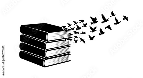 Stack of books transforming into a flock of birds, symbolizing freedom of knowledge and imagination