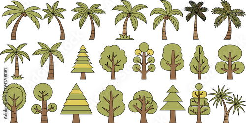 Cartoon tree collection vector set with palm trees pine trees and leafy forest plants nature illustration