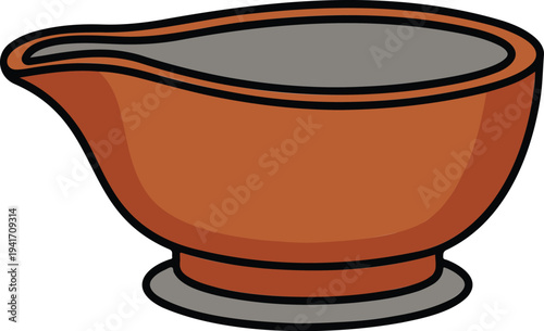Minimalist gravy boat illustration with terracotta exterior and gray interior on base in clean flat kitchenware vector style