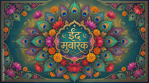 Eid Mubarak Floral Art: A vibrant and colorful floral design with peacock feather elements, celebrating the festive spirit of Eid. The intricate pattern and joyful colors bring a sense of celebration.