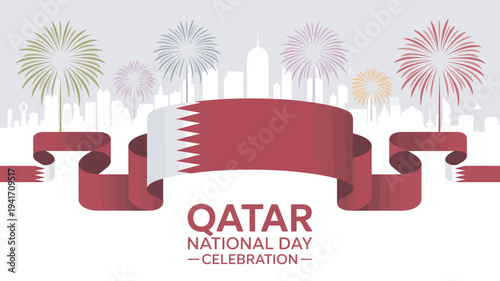 A vibrant illustration celebrating Qatar National Day with fireworks and a flag