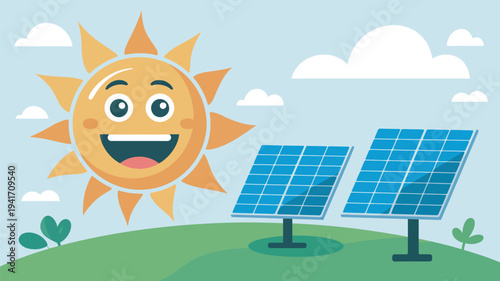 A cartoon sun smiles next to solar panels on a green hill with clouds in the sky