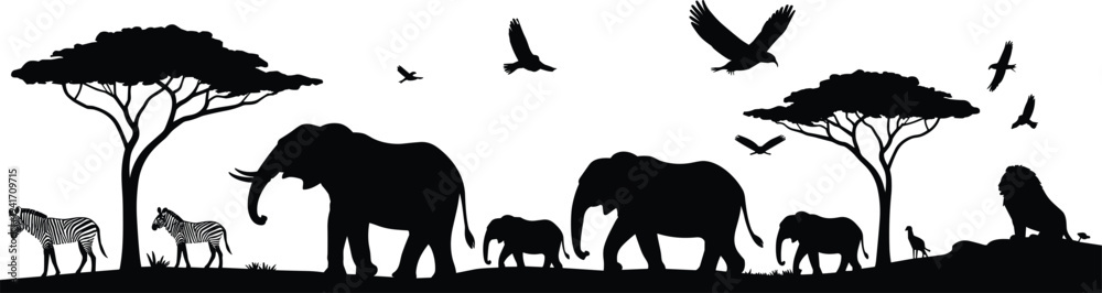 Fototapeta premium Panoramic African safari landscape silhouette featuring elephants zebras lions and acacia trees for savanna nature background designs