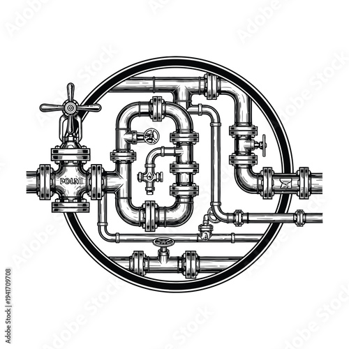 Industrial pipe system with valves and fittings in circle diagram