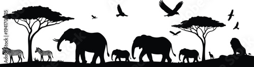 Panoramic African safari landscape silhouette featuring elephants zebras lions and acacia trees for savanna nature background designs