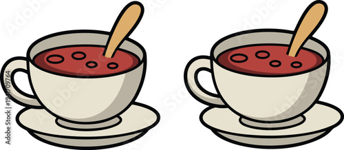 Minimalist cartoon teacup and saucer with red tea and wooden spoon in clean flat beverage vector illustration style