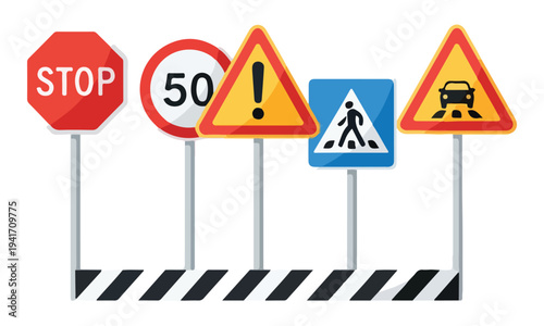 Collection of Various Road Traffic and Safety Warning Signs
