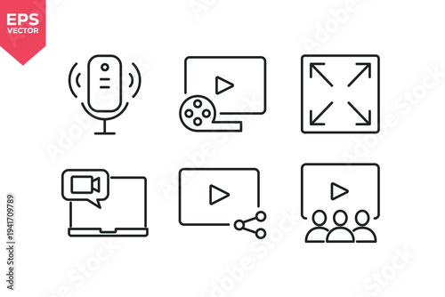 Set of line icons related to photography, video, video production, film roll, video conference, full screen, cinema. Editable stroke. Vector illustration