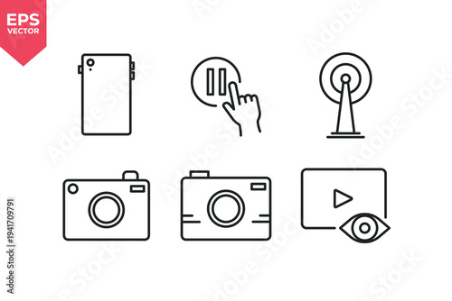 Set of line icons related to video, camera, pause, mobile video, viewers, broadcast, phone camera. Editable stroke. Vector illustration