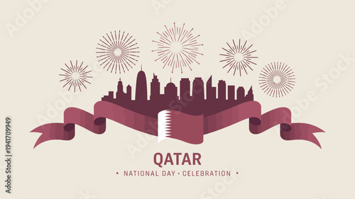 A vibrant illustration of Qatar's National Day celebration with fireworks and city skyline