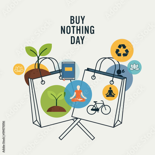 Buy Nothing Day Concept with Eco Icons and Shopping Bags