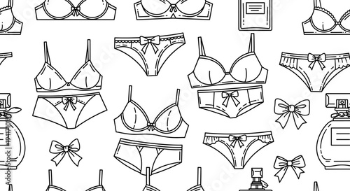 Lingerie illustrations with bows and perfume.
