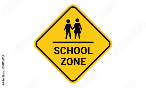 Yellow School Zone Diamond Traffic Warning Sign Isolated on White