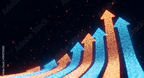 Glowing orange & blue pixelated arrows ascend on dark background, representing growth and progress