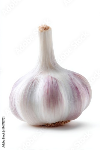 Garlic bulb with long stem on white background studio