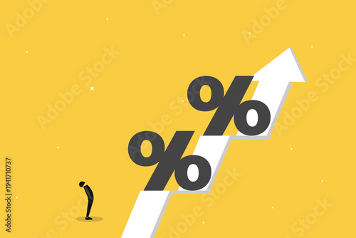 Businessman looking up at a rising growth arrow with percent symbols, representing rising interest rates, inflation, and financial growth