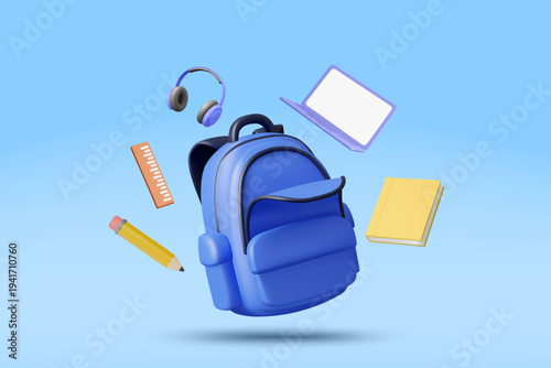 3D vector illustration of floating blue backpack with purple laptop headphone yellow book ruler and pencil on blue background. Concept for online education e-learning back to school banner template.