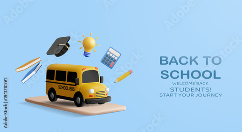 3D vector illustration of yellow school bus floating graduation cap light bulb calculator books pencil on mobile phone. Concept for back to school online education e-learning banner template.