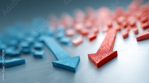 Two red arrows pointing in opposite directions on a metallic surface.