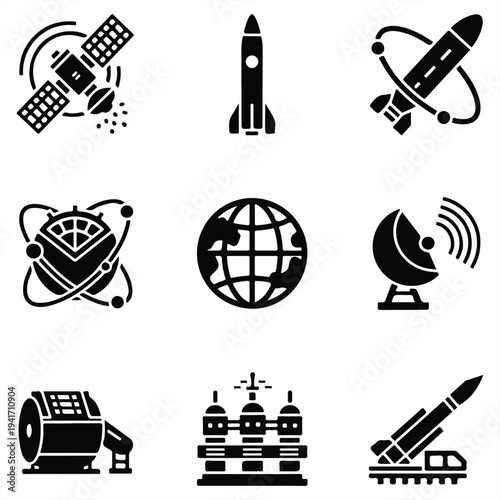 A collection of black and white icons depicting various space-related objects and technology