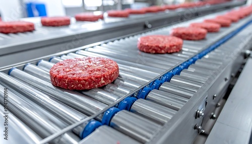 Raw burger patties arranged on a conveyor belt, ready for processing and packaging in a factory setting