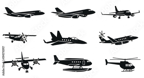 Diverse Aircraft Silhouettes - Planes, Jets, and Helicopters in Flight.