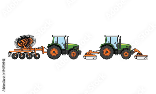 Two Green Tractors with Harvesting Implements Illustration