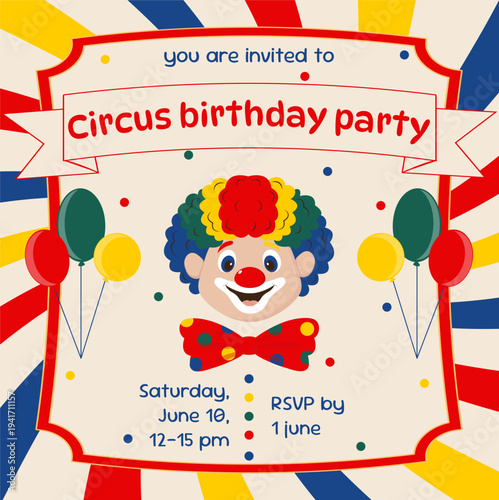 Circus invitation with clown, Circus birthday party, circus banner