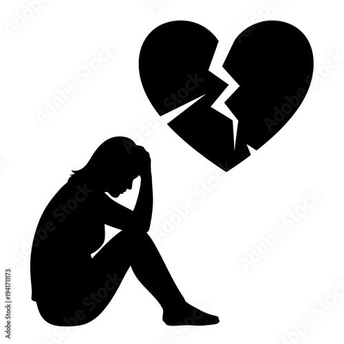 Sad Man Sitting with Broken Heart Symbol Silhouette