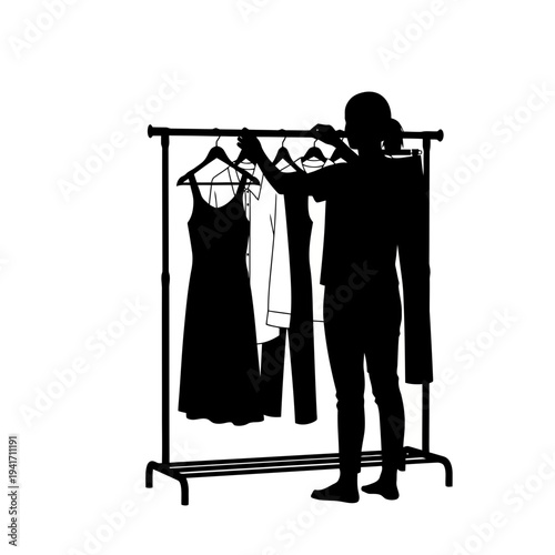 Fashion Designer Choosing Dress from Clothing Rack Silhouette
