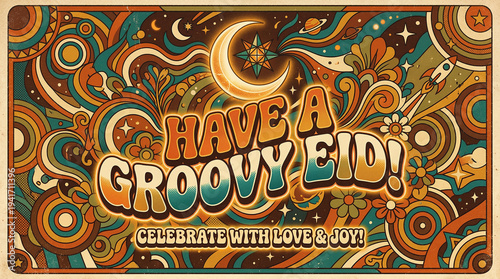Groovy Eid Celebration: Celebrate the festive season with a colorful and vibrant retro design, embracing the joy and love of the special occasion.