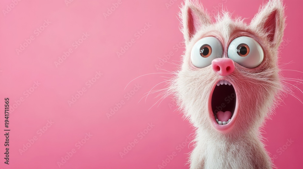 Obraz premium Surprised cartoon cat screaming on a pink background