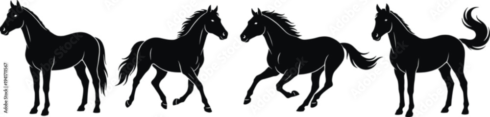 Obraz premium Black and white flat vector silhouette collection of horses running galloping and standing for equestrian sport animal racing nature and wildlife farm design elements.