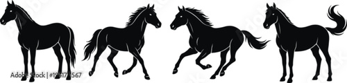 Black and white flat vector silhouette collection of horses running galloping and standing for equestrian sport animal racing nature and wildlife farm design elements.