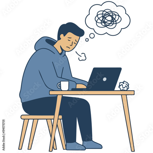 Vector illustration of a stressed and exhausted man working on a laptop at his desk.
