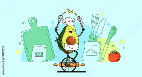 A cartoon avocado character riding a bicycle with kitchen utensils.