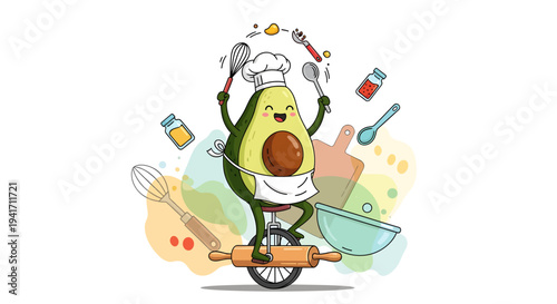 Cartoon Avocado Character Riding a Bicycle with Kitchen Utensils.