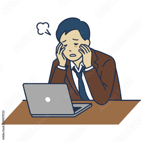 Vector illustration of a stressed and exhausted man working on a laptop at his desk.