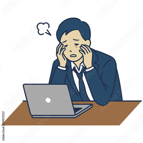 Vector illustration of a stressed and exhausted man working on a laptop at his desk.