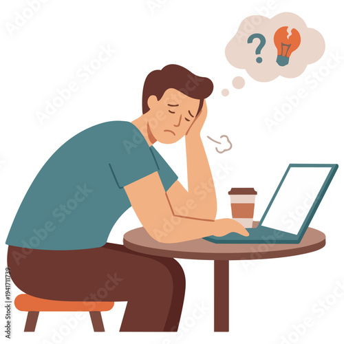 Vector illustration of a stressed and exhausted man working on a laptop at his desk.