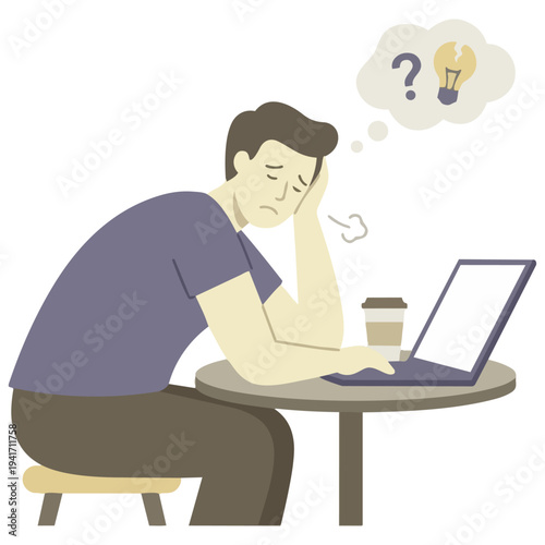 Vector illustration of a stressed and exhausted man working on a laptop at his desk.