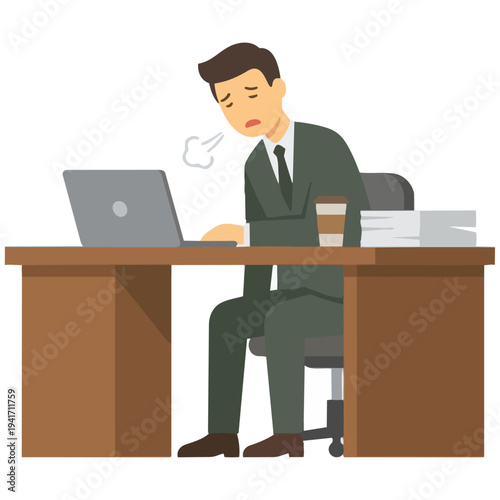 Vector illustration of a stressed and exhausted man working on a laptop at his desk.