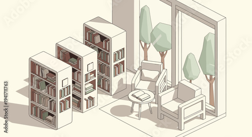 Isometric illustration of modern apartment buildings with outdoor seating area.