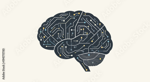 Illustration of a human brain with circuit board design.