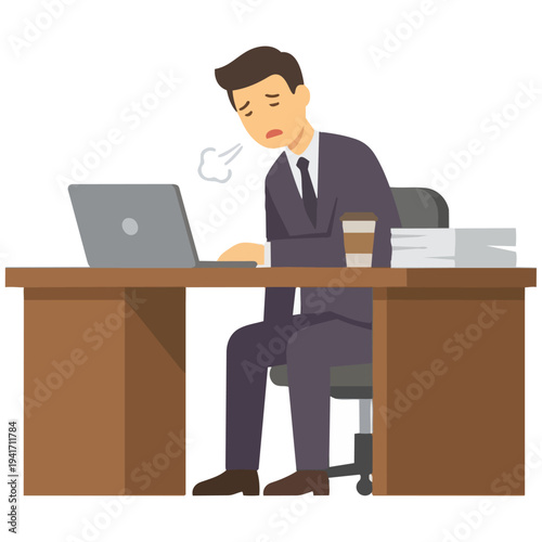 Vector illustration of a stressed and exhausted man working on a laptop at his desk.